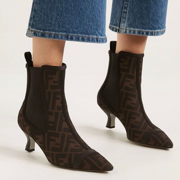FENDI Colibri Mesh Leather Chelsea Booties Size 37.5 Brown Black FF Ankle Boots - Picture 2 of 15
